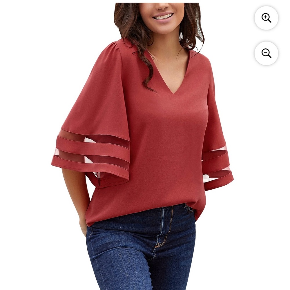 NAME YOUR PRICE • Pink V-Neck Blouse Sheer Panel Wide Bell Sleeves Size Small